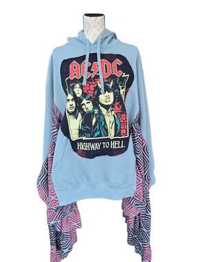 AC DC Custom Upcycled Hooded Blue Long Butterfly Sleeve Sweatshirt L